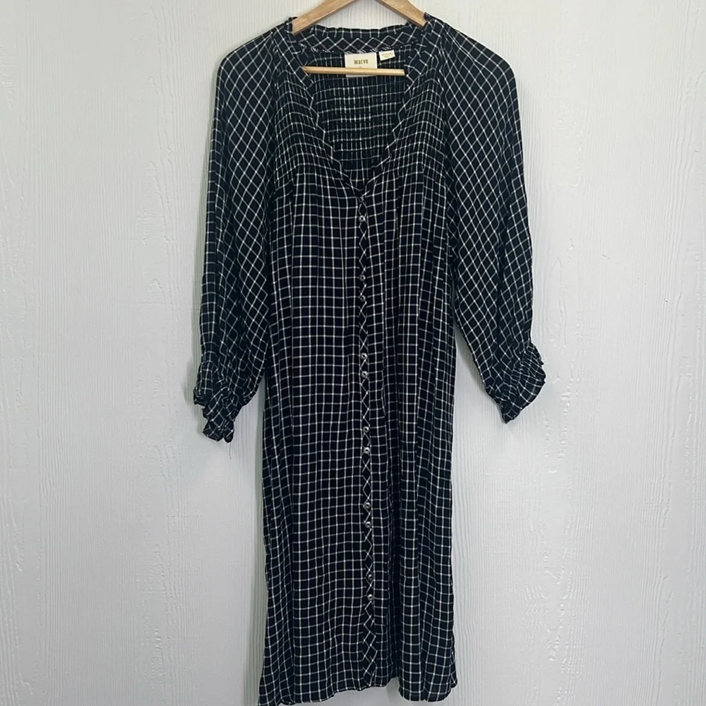Anthropologie - Maeve Sara Navy Blue Windowpane Plaid Midi Dress Size Medium - Picture 11 of 15